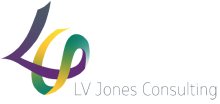 LV Jones Consulting logo with multicolor ribbon and stylized “LV” mark